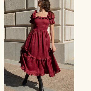Of Her Own Kind Adeline Dress in Burgundy Linen - Size Medium
